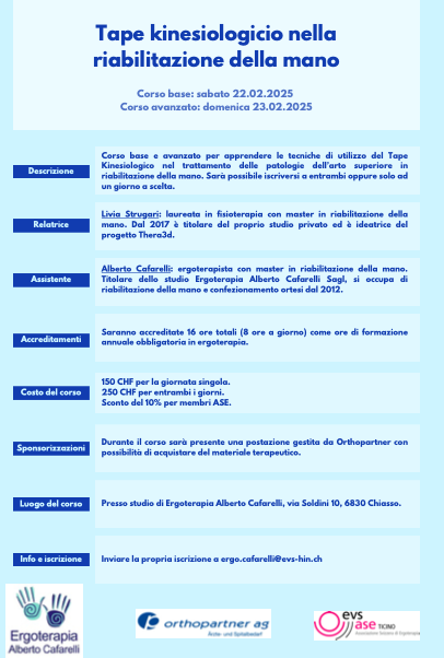 Tape kinesiologicio nella riabilitazione della mano Corso base: sabato 22.02.2025 Corso avanzato: domenica 23.02.2025